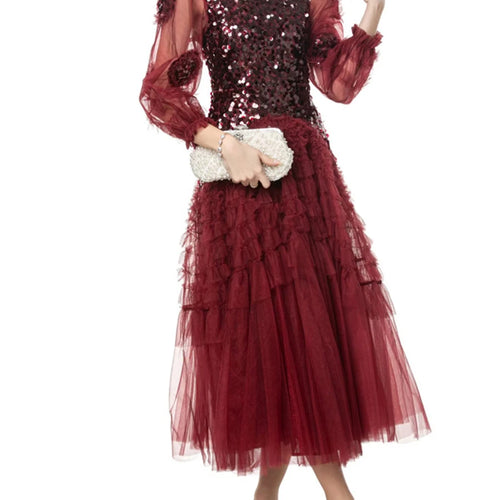 Load image into Gallery viewer, Solid Spliced Sequines Slimming Dresses For Women O Neck Long Sleeve High Waist Temperament Dress Female Fashion
