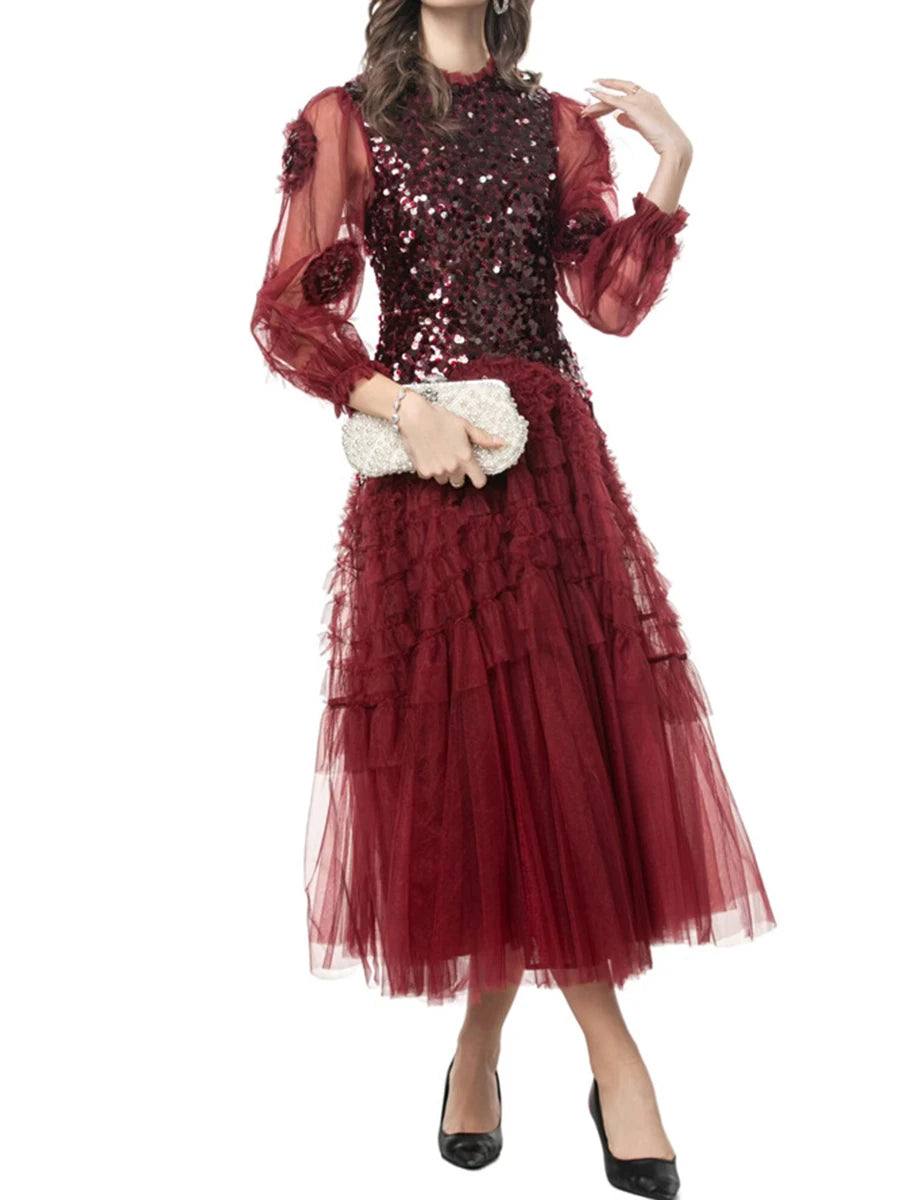 Solid Spliced Sequines Slimming Dresses For Women O Neck Long Sleeve High Waist Temperament Dress Female Fashion