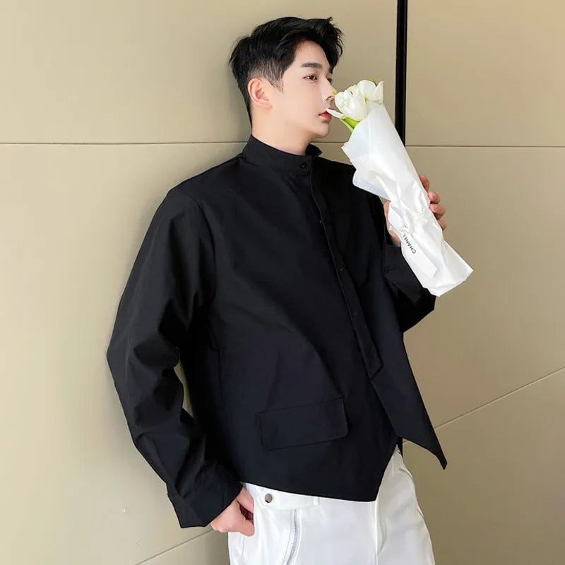 Men's Long Sleeved Shirts New Korean Fashion Solid Color Trend Double Pointed Hem Stand Collar Male Clothing Spring 9W1403