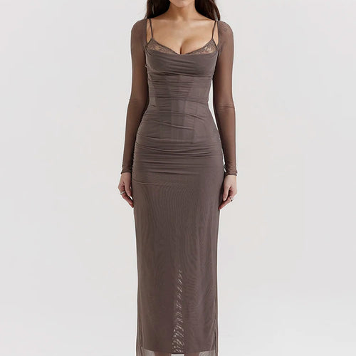 Load image into Gallery viewer, Elegant Sheer Long Sleeve Sexy Maxi Dress For Women Fashion Mesh Strapless Backless Club Party Sexy Long Dress New
