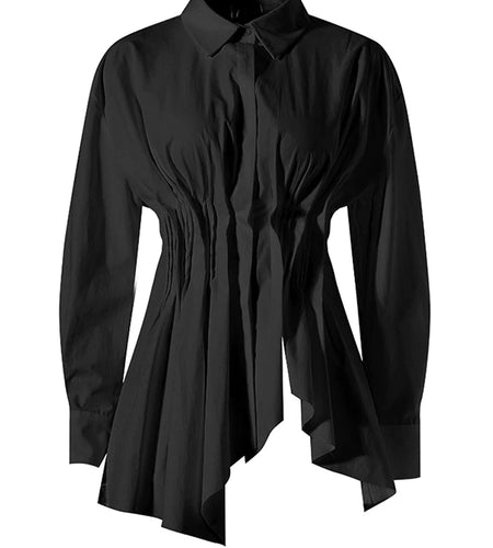 Women White Irregular Hem Pleated Elegant Blouse New Lapel Long Sleeve Shirt Fashion Tide Spring Autumn 2025 7AB3817