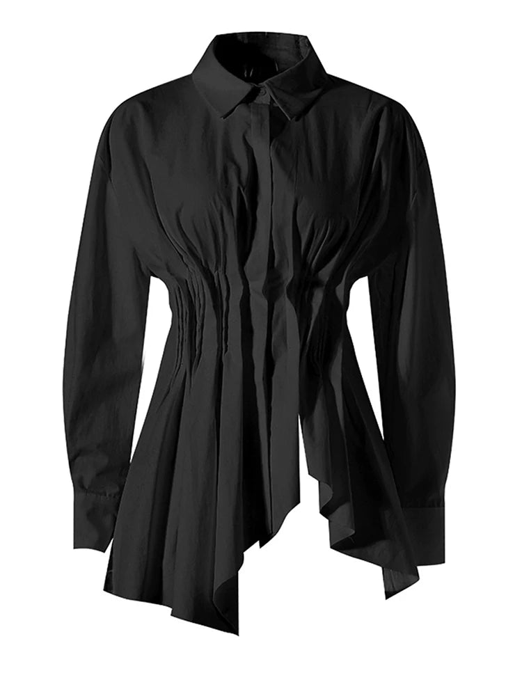 Women White Irregular Hem Pleated Elegant Blouse New Lapel Long Sleeve Shirt Fashion Tide Spring Autumn 2025 7AB3817