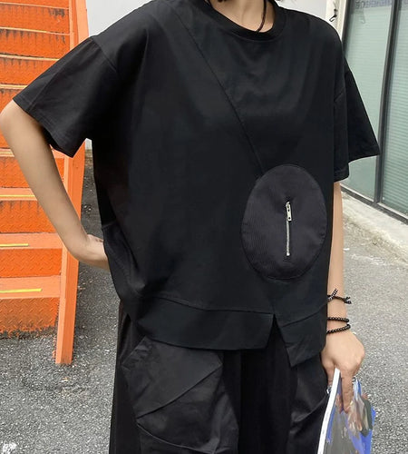 Women Black Irregular Zipper Pocket Big Size T-shirt New Round Neck Short Sleeve Fashion Tide Spring Summer 2025 1DJ0609