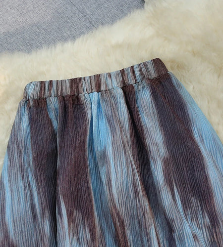 Korean Blue Brown Tie Dye Vacation Pleated Long Skirts Women Summer Vintage High Waist Festival Streetwear Mid-length Boho Skirt