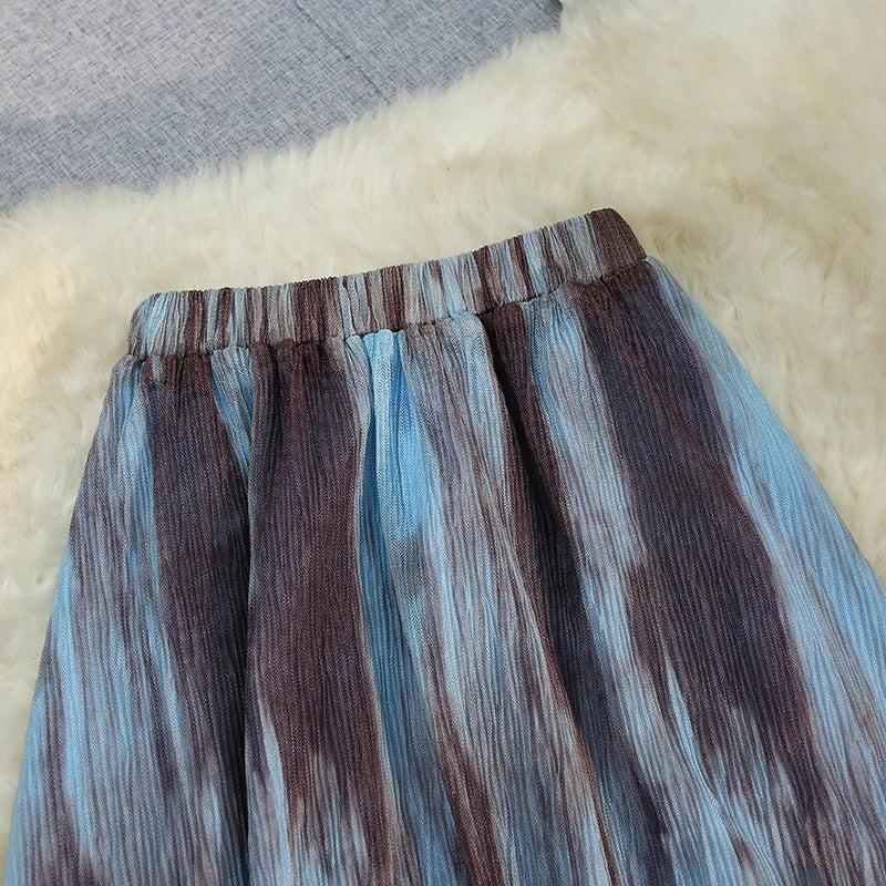 Korean Blue Brown Tie Dye Vacation Pleated Long Skirts Women Summer Vintage High Waist Festival Streetwear Mid-length Boho Skirt