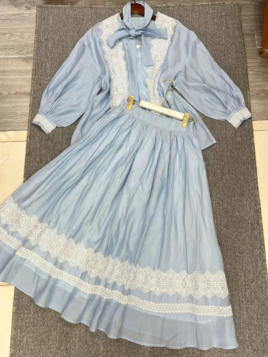 Hit Color Loose Two Piece Sets For Women V Neck Long Sleeve Top High Waist Temperament Skirts Female Fashion New