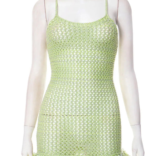 Load image into Gallery viewer, Spaghetti Strap Tassel Knit Mini Dress Women Summer New Hollow Out See Through Backless Beach Holiday Club Dress
