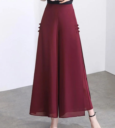 Women Side Slit Chiffon Pants Summer Thin Elastic Waist Wide Leg Pants Chic Droop Trousers Chinese Style Nine Point Pants