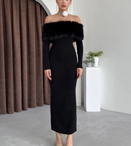 Elegant One Shoulder Hairy Long Sleeve Elastic Tight Dress For Women Spring New 2025 Slimming Party Club Evening Dress