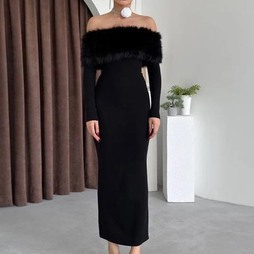 Load image into Gallery viewer, Elegant One Shoulder Hairy Long Sleeve Elastic Tight Dress For Women Spring New 2025 Slimming Party Club Evening Dress
