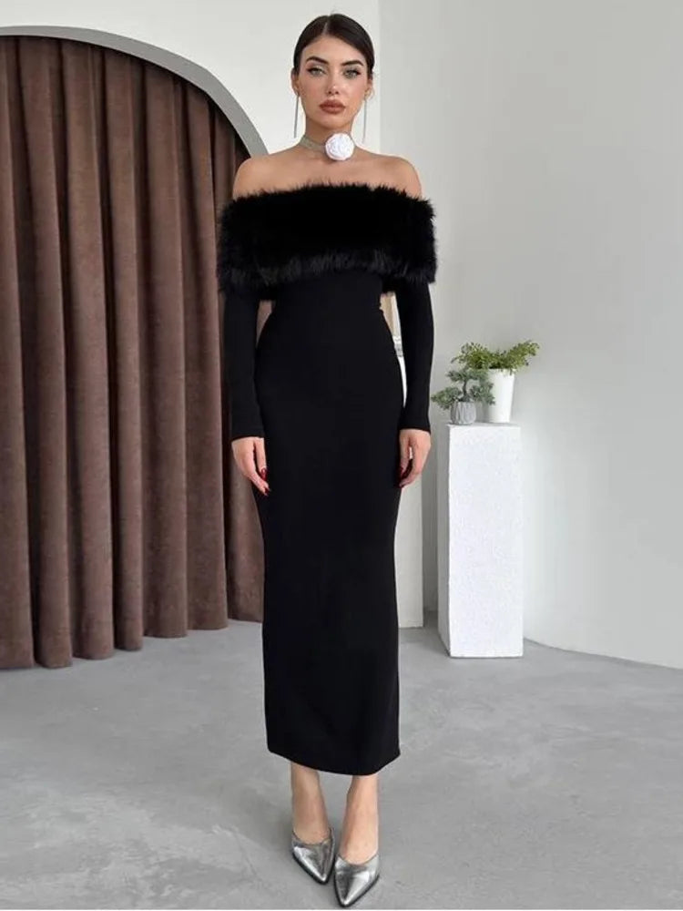 Elegant One Shoulder Hairy Long Sleeve Elastic Tight Dress For Women Spring New 2025 Slimming Party Club Evening Dress