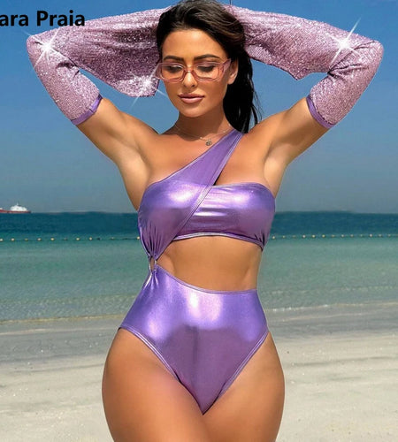 Purple One Piece Swimsuit 2024 Bandeau Cut Out Swimwear for Women Sexy One Shoulder Bandage Bathing Suit Sleeves not Included