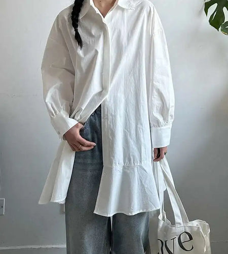 Women White Ruffles Hem Big Size Elegant Mini Shirt Dress New Lapel Long Sleeve Fashion Tide Spring Autumn 2025 1DJ0303