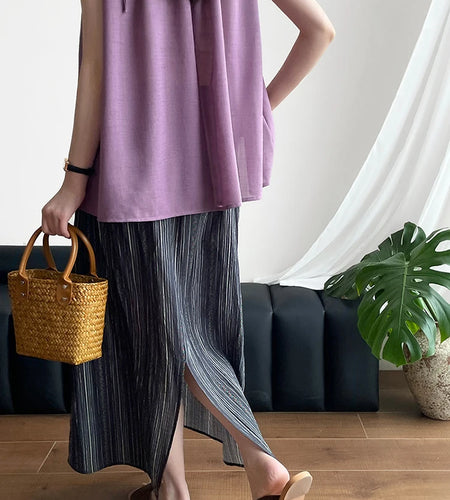High Elastic Waist Black Striped Back Slit Elegant Half-body Skirt Women Fashion Tide New Spring Autumn 2025 1DJ1264