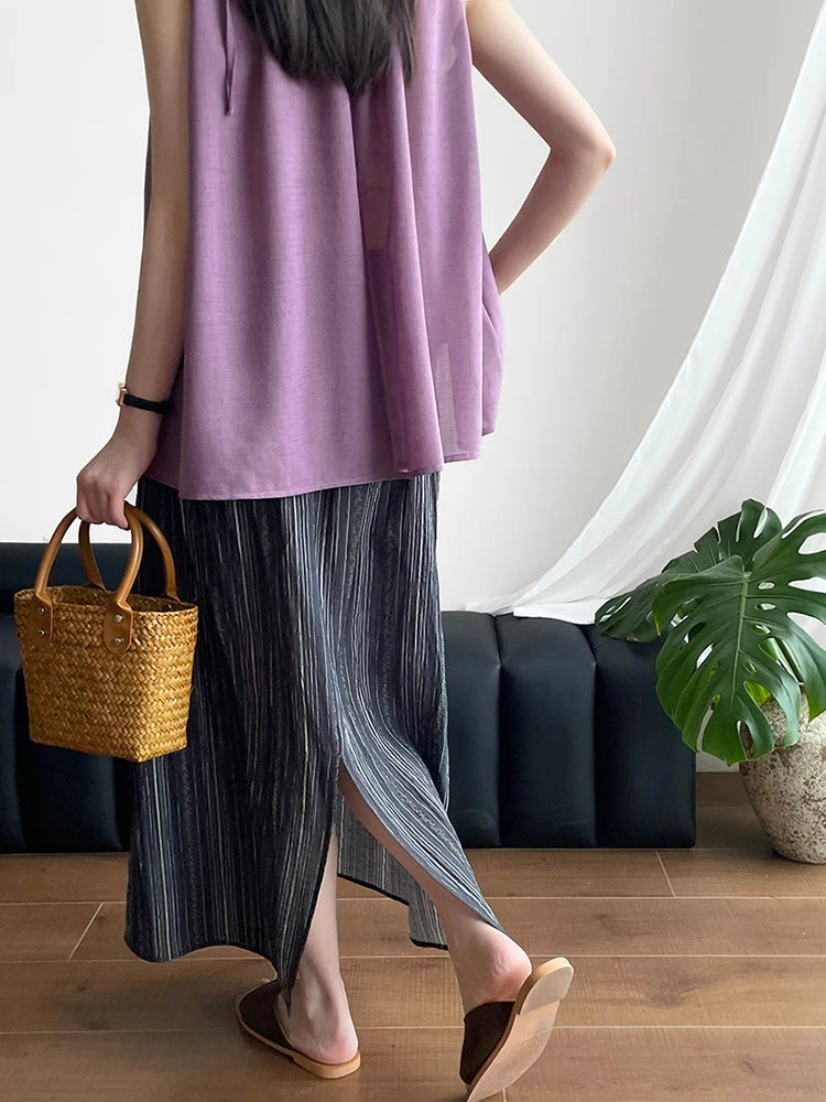 High Elastic Waist Black Striped Back Slit Elegant Half-body Skirt Women Fashion Tide New Spring Autumn 2025 1DJ1264