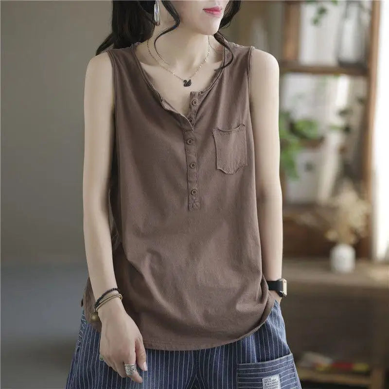 Women's Black Casual Loose Pocket Vest Summer Fashion Brown Sleeveless Buttons Bottoming Tops Large Size Versatile Trendy Tanks