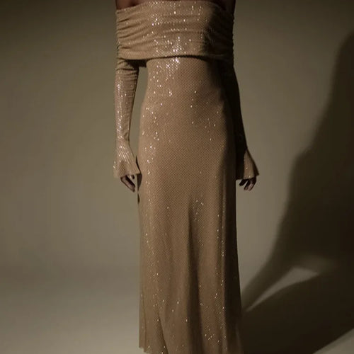 Load image into Gallery viewer, Elegant Strapless Sparkle Maxi Dress For Women Fashion Off-shoulder Backless Long Flare Sleeve Bodycon Club Party Dress
