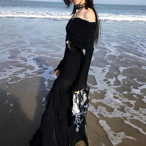 Load image into Gallery viewer, Grunge Off Shoulder Vacation Maxi Dress Women Fairycore Ruffles Gothic Clothes Sexy Dress Long Side Split Frill Chic
