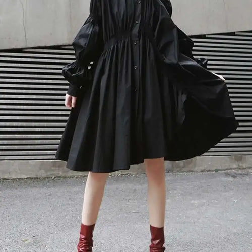 Load image into Gallery viewer, Women Blue Irregular Pleated Big Hem Shirt Dress New Stand Neck Long Sleeve Loose Fashion Tide Spring Autumn 2025 1DF9549
