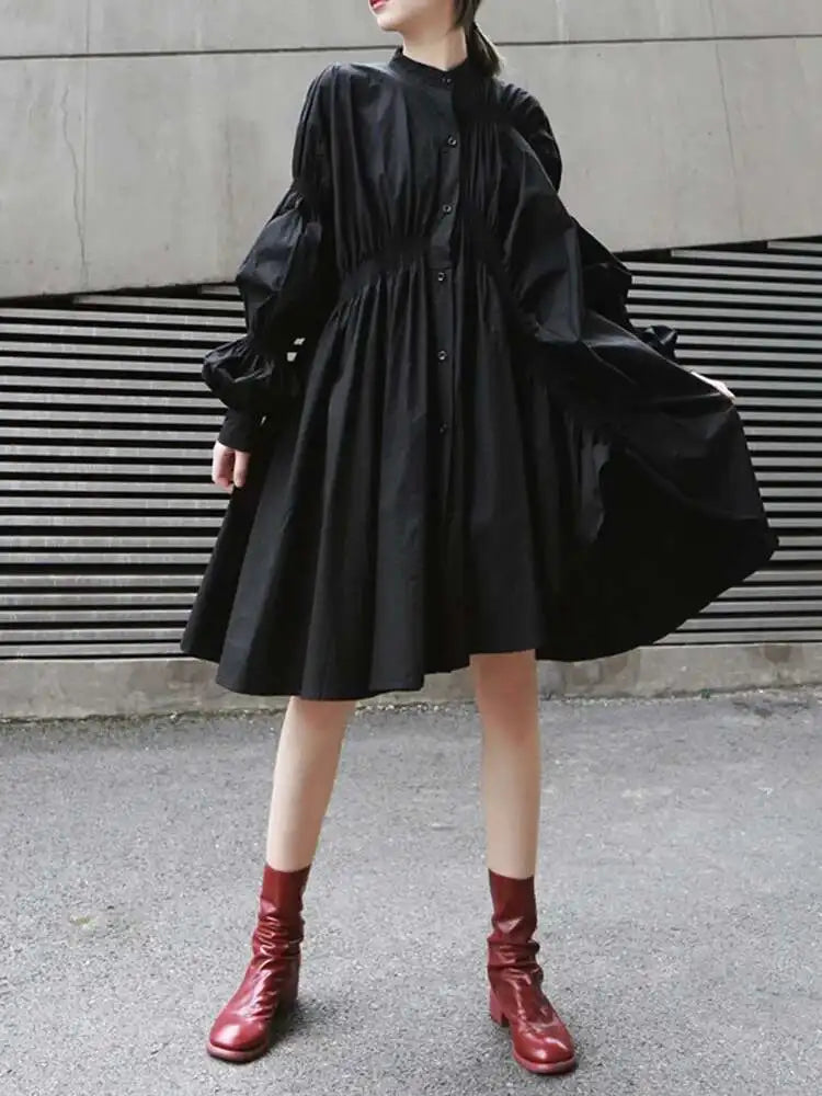 Women Blue Irregular Pleated Big Hem Shirt Dress New Stand Neck Long Sleeve Loose Fashion Tide Spring Autumn 2025 1DF9549