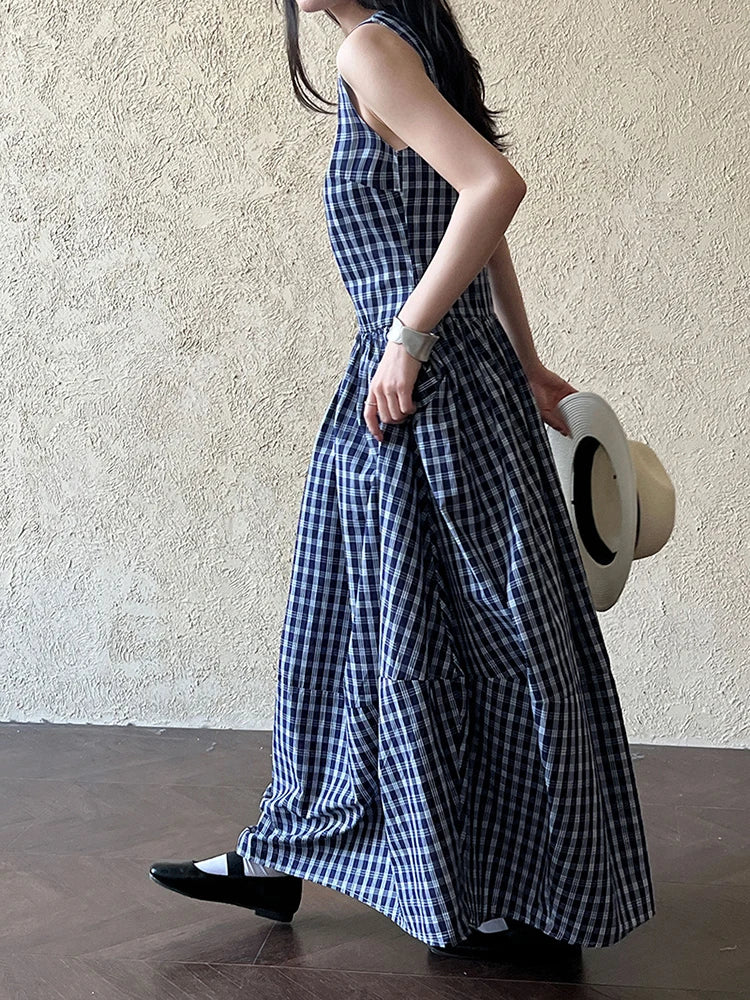 Women Dark Blue Plaid Pocket Vintage Long Elegant Vest Dress New V-Neck Sleeveless Fashion Tide Spring Summer 2025 1DJ0667