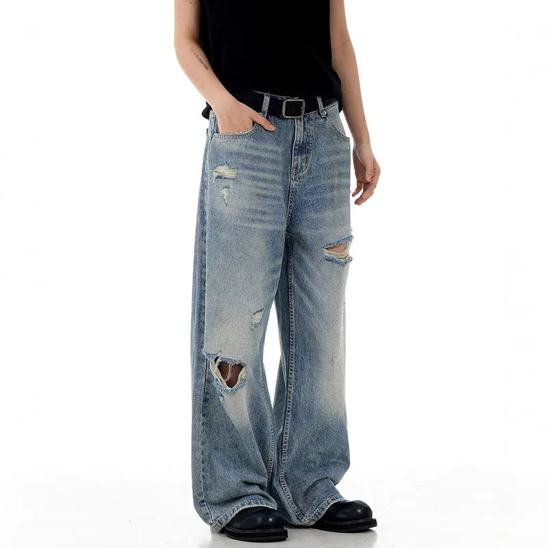 Men's Jeans Cat Whisker Ripped Deisgn Summer Hole Stylish Loose Korean Straight Wide Leg Male Casual Trousers 9W1721