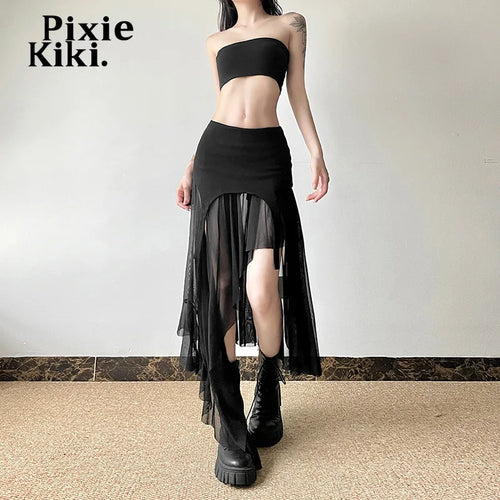 Load image into Gallery viewer, Transparent Mesh Patchwork Irregular A Line Black Skirt Y2k Women Bottom Festival High Waist Long Skirts P94-EZ38
