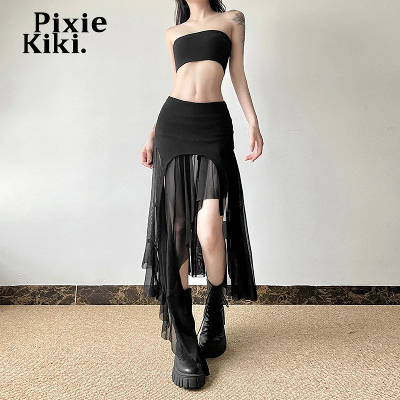 Transparent Mesh Patchwork Irregular A Line Black Skirt Y2k Women Bottom Festival High Waist Long Skirts P94-EZ38