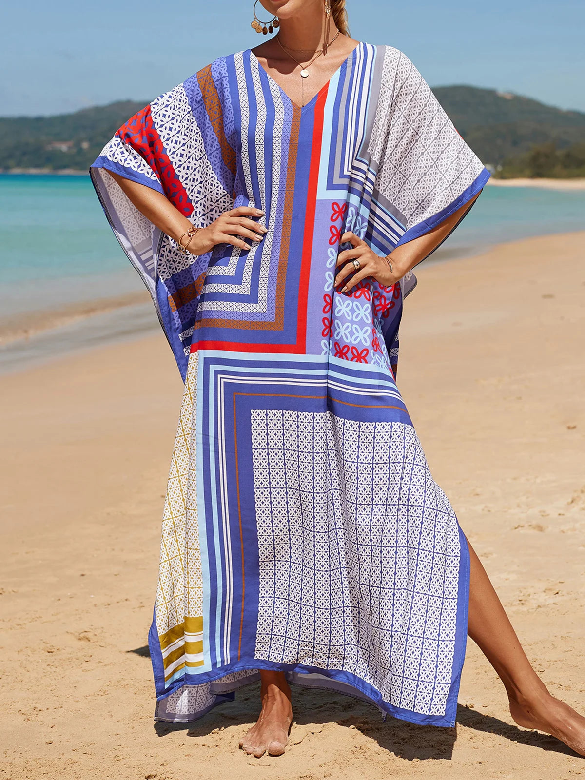 Colorful Kaftan Tunic Beach Cover Up Cover-ups Beach Dress Beach Wear Beachwear Loose Maxi Dress Female Women V4428