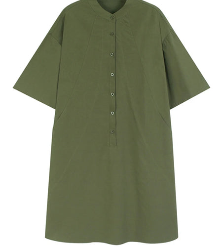 Women Green Big Size Elegant Knee-Length Shirt Dress New Stand Collar Long Sleeve Fashion Tide Spring Autumn 2025 1DJ0928