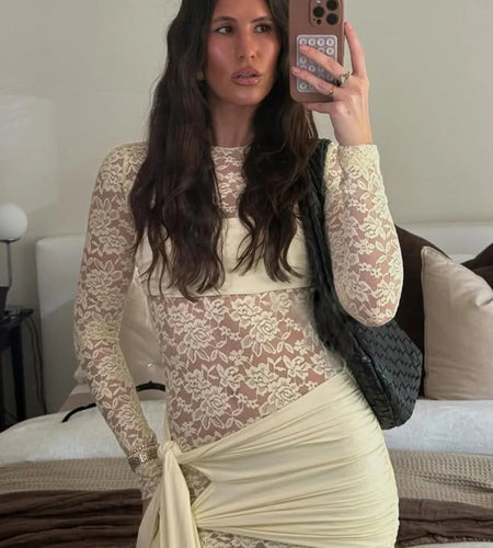 Lace See Through Draped Mini Dress Women Robe Elegant Patchwork Long Sleeve Slim Ruched Club Party Dress Clubwear