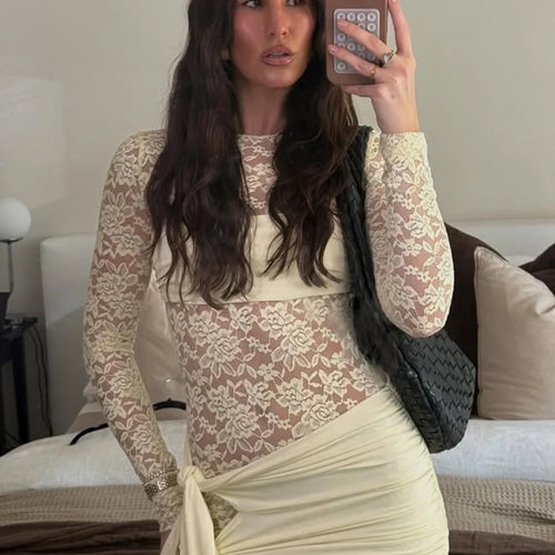 Load image into Gallery viewer, Lace See Through Draped Mini Dress Women Robe Elegant Patchwork Long Sleeve Slim Ruched Club Party Dress Clubwear
