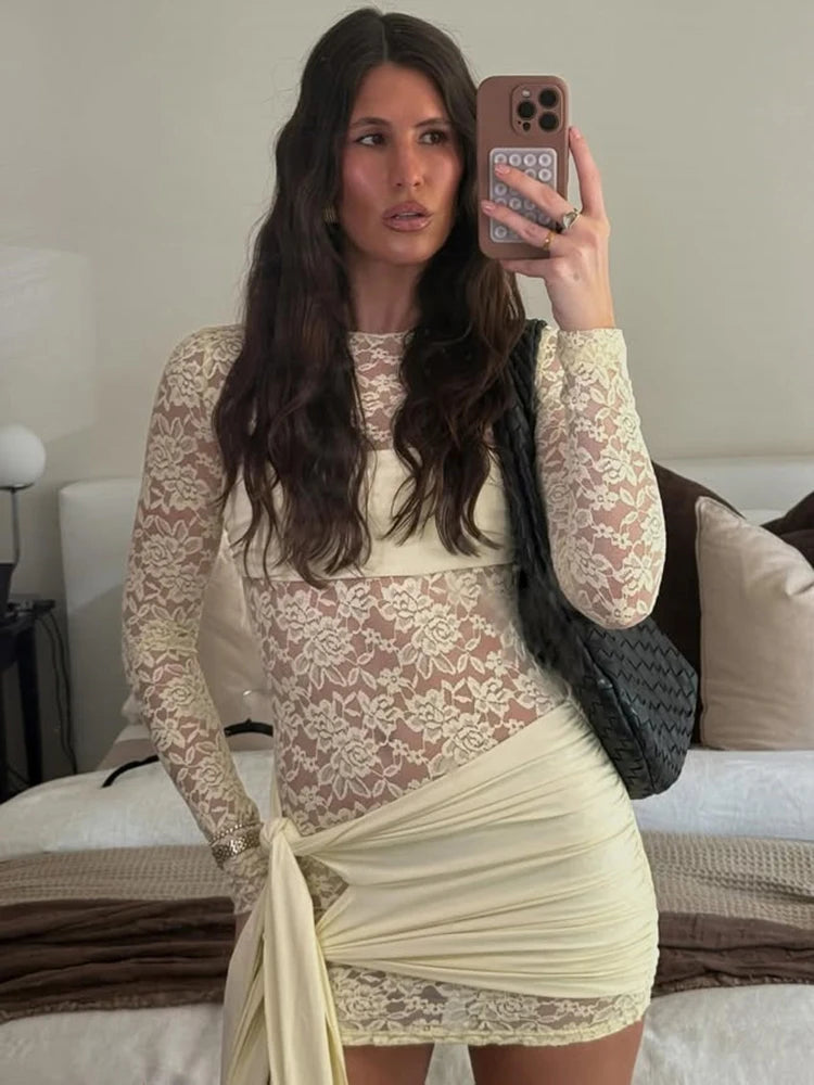 Lace See Through Draped Mini Dress Women Robe Elegant Patchwork Long Sleeve Slim Ruched Club Party Dress Clubwear