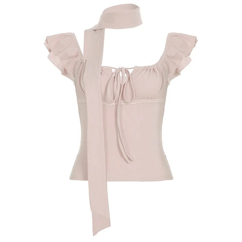 Load image into Gallery viewer, Sexy Square Collar Bandage Tees Summer Women Y2k Aesthetic Feifei Sleeves Slim Fit T-shirt Harajuku Grunge Fairy Cropped Tops
