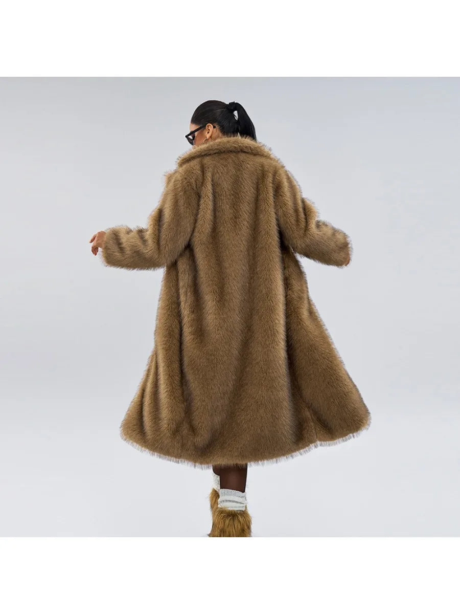 Solid Loose Fur Long Coat for Women Lapel Long Sleeve Temperament Elegant Coats Female Fashion Style Fashion