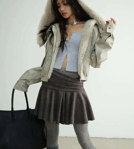 High Waist Gray Vintage Paint Short Irregular Pleated MiniHalf-body Skirt Women Fashion New Spring Autumn 2025 1DH8265