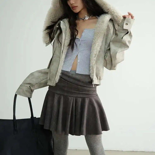 Load image into Gallery viewer, High Waist Gray Vintage Paint Short Irregular Pleated MiniHalf-body Skirt Women Fashion New Spring Autumn 2025 1DH8265
