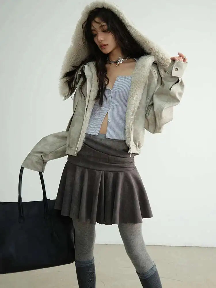 High Waist Gray Vintage Paint Short Irregular Pleated MiniHalf-body Skirt Women Fashion New Spring Autumn 2025 1DH8265