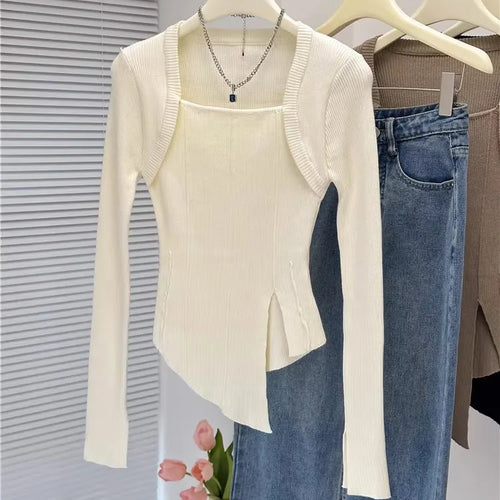 Load image into Gallery viewer, White Side Split Knitted Women&#39;s Sweater Square Collar Long Sleeve Sweaters Female Autumn Fashion New Clothes 2023 C-040
