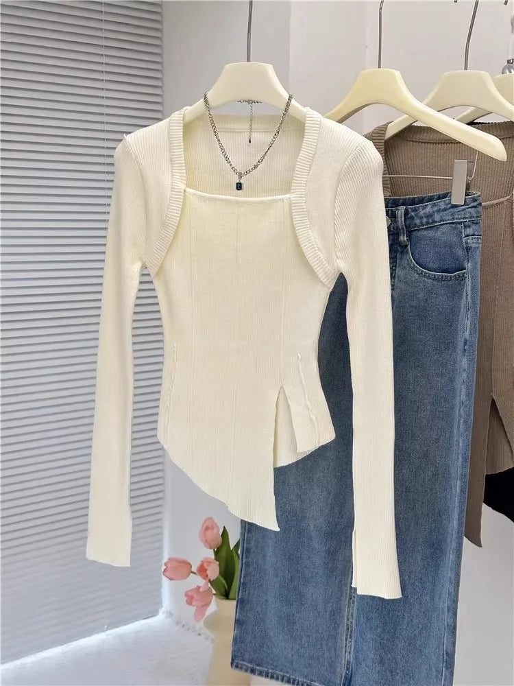 White Side Split Knitted Women's Sweater Square Collar Long Sleeve Sweaters Female Autumn Fashion New Clothes 2023 C-040