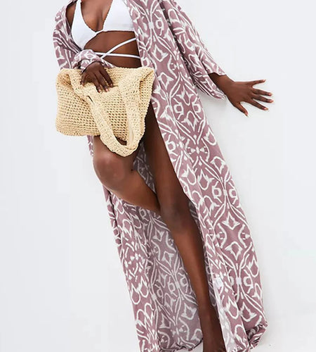 Printed Long Sleeve With Belt V Neck Cardigan Tunic Beach Cover Up Cover-ups Beach Dress Beach Wear Beachwear Female Women V6174