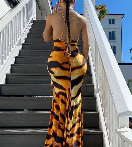 Fashion Print Sexy Backless Tie Slim Fit Women's Dress Spaghetti Strap Tiger Print Maxi Dress Elegant Party Vestidos