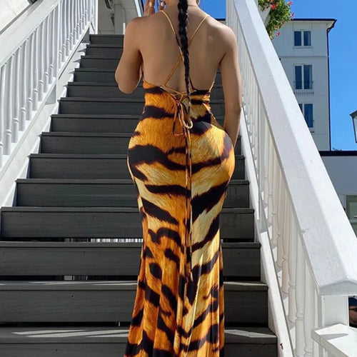 Load image into Gallery viewer, Fashion Print Sexy Backless Tie Slim Fit Women's Dress Spaghetti Strap Tiger Print Maxi Dress Elegant Party Vestidos
