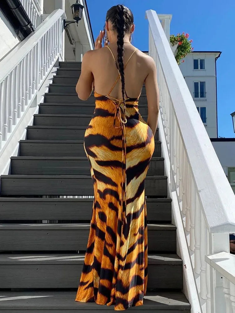 Fashion Print Sexy Backless Tie Slim Fit Women's Dress Spaghetti Strap Tiger Print Maxi Dress Elegant Party Vestidos