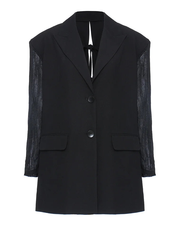 Women Black Pleated Back Bandage Big Size Blazer New Lapel Long Sleeve Loose Fit  Jacket Fashion Spring Autumn 2025 1Y053