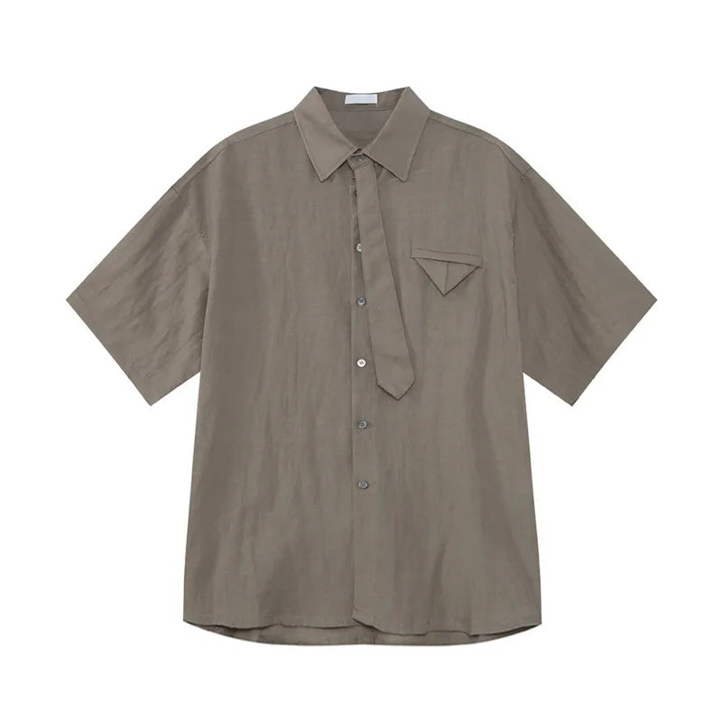 Korean Style Men Two-piece Sets Lapel Solid Color Short Sleeve Single Breasted Shirt Elastic Waist Drawstring Pants 9W1256