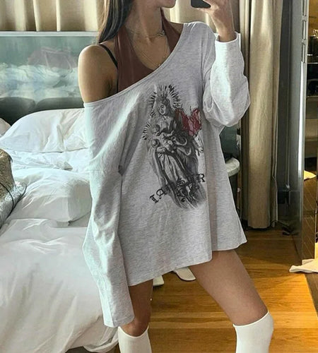 y2k T Shirts Women Cybercore Clothing Graphic Print Asymmetrical Shoulder Halter Long Sleeve Tops 2000s Grunge Clothes