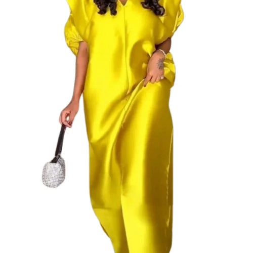 Load image into Gallery viewer, Evening Prom Pleated Long Dresses for Women Summer Puff Sleeves V-neck Woman Split-front Loose Maxi Dresses
