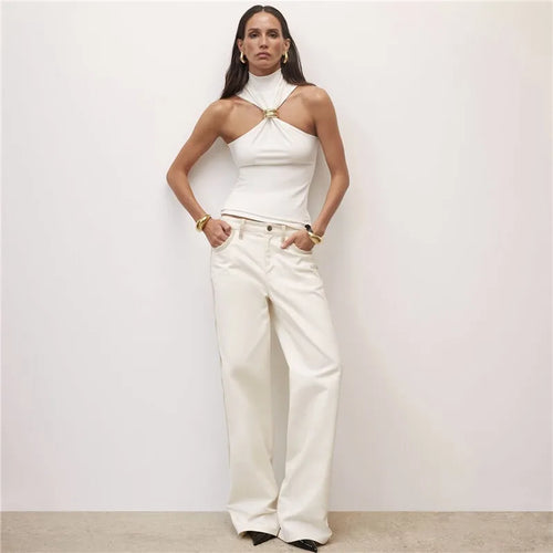 Load image into Gallery viewer, Turtleneck Basic Knit Tank Tops Women Vest Pullovers Metal Ring Camisole Sleeveless Skinny Knitted Tops Y2K Cropped Top
