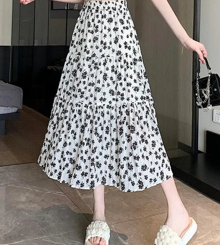 Spring Summer Women Black Beige Floral Elegant Pleated Long Skirts Vintage Elastic High Waist Vacation A-line Skirt Bohemian New
